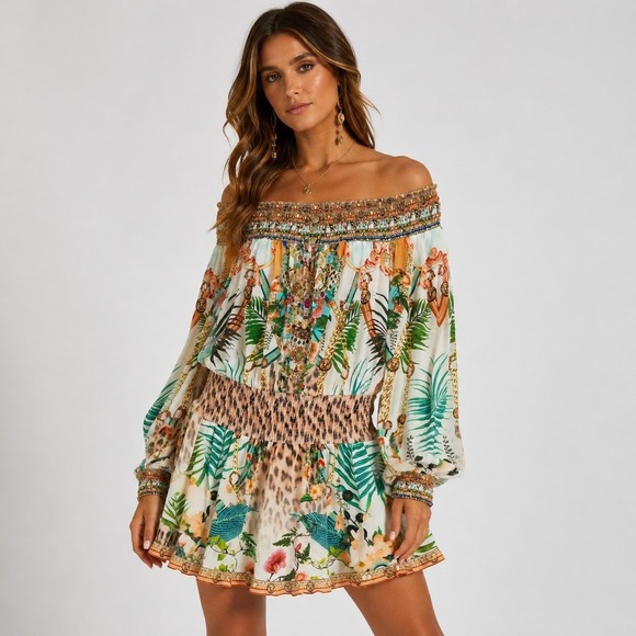 Camilla Dresses & Skirts - Camilla Silk Off Shoulder Embellished Mini Dress Animal Tropical Sz M Resort